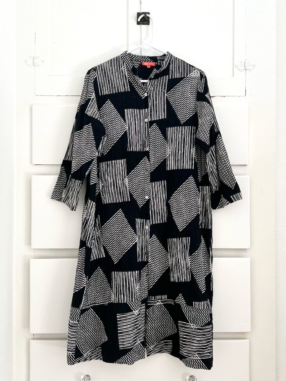 Yaza Black White Abstract Tunic Dress Pleated Cotton Lagenlook Artsy L